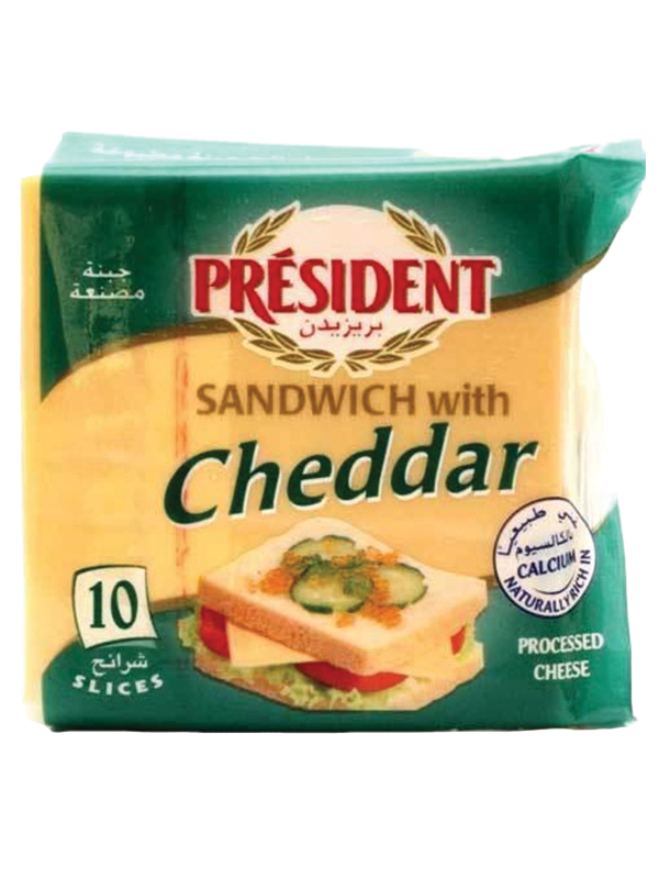 President Sandwich Processed cheese w cheddar 10sl, 200gm
